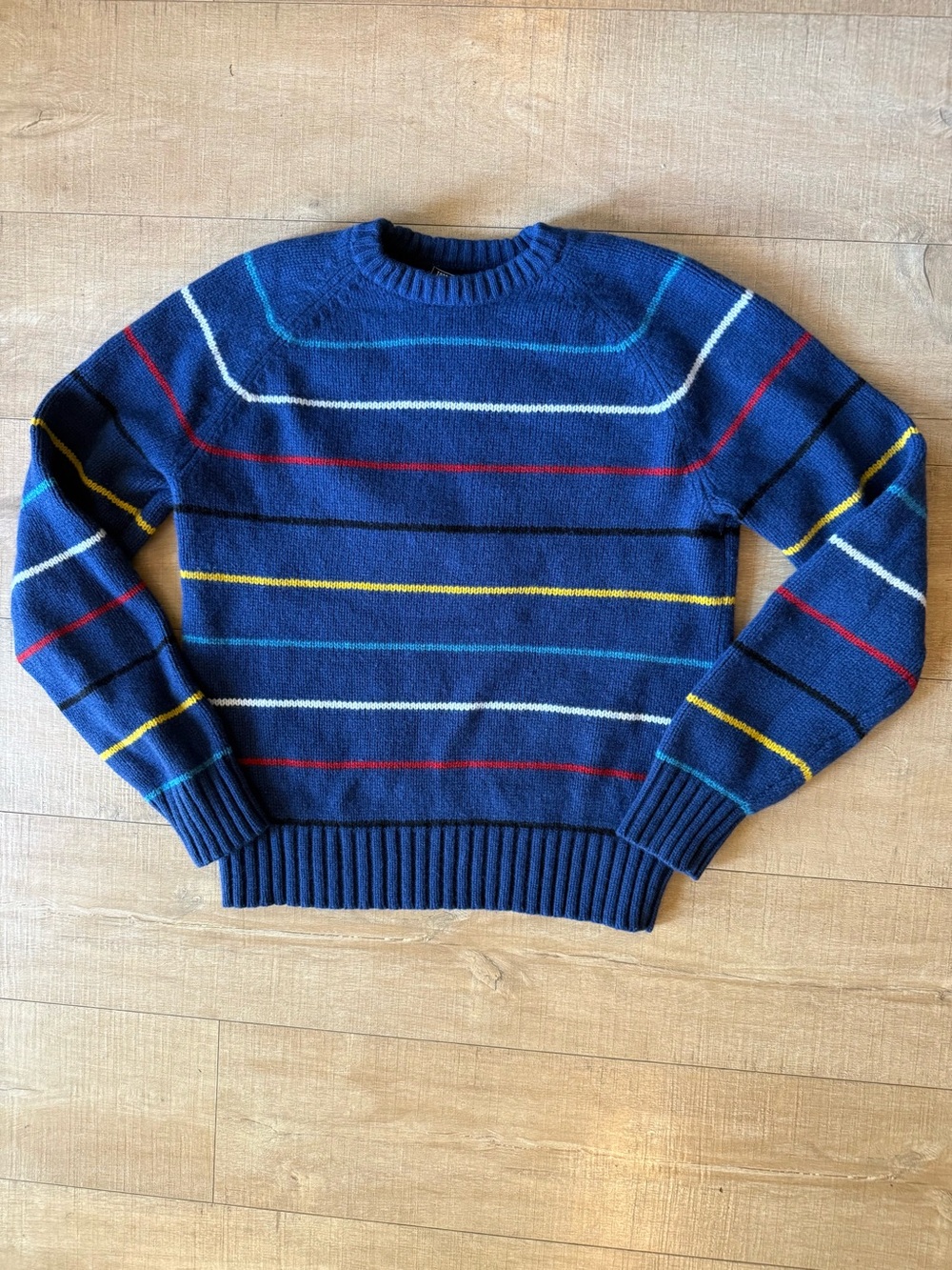 Todd Snyder Blue Multi Stripe 100% Wool Knit Pullover Sweater Medium preppy